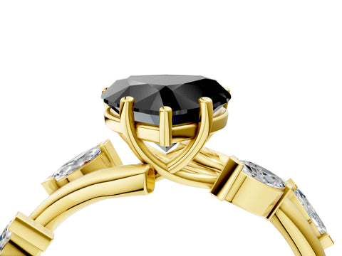 Yellow gold Fancy Black Heart Cut Solitaire Twisted Band Marquise Accent Prong Setting Ring_4