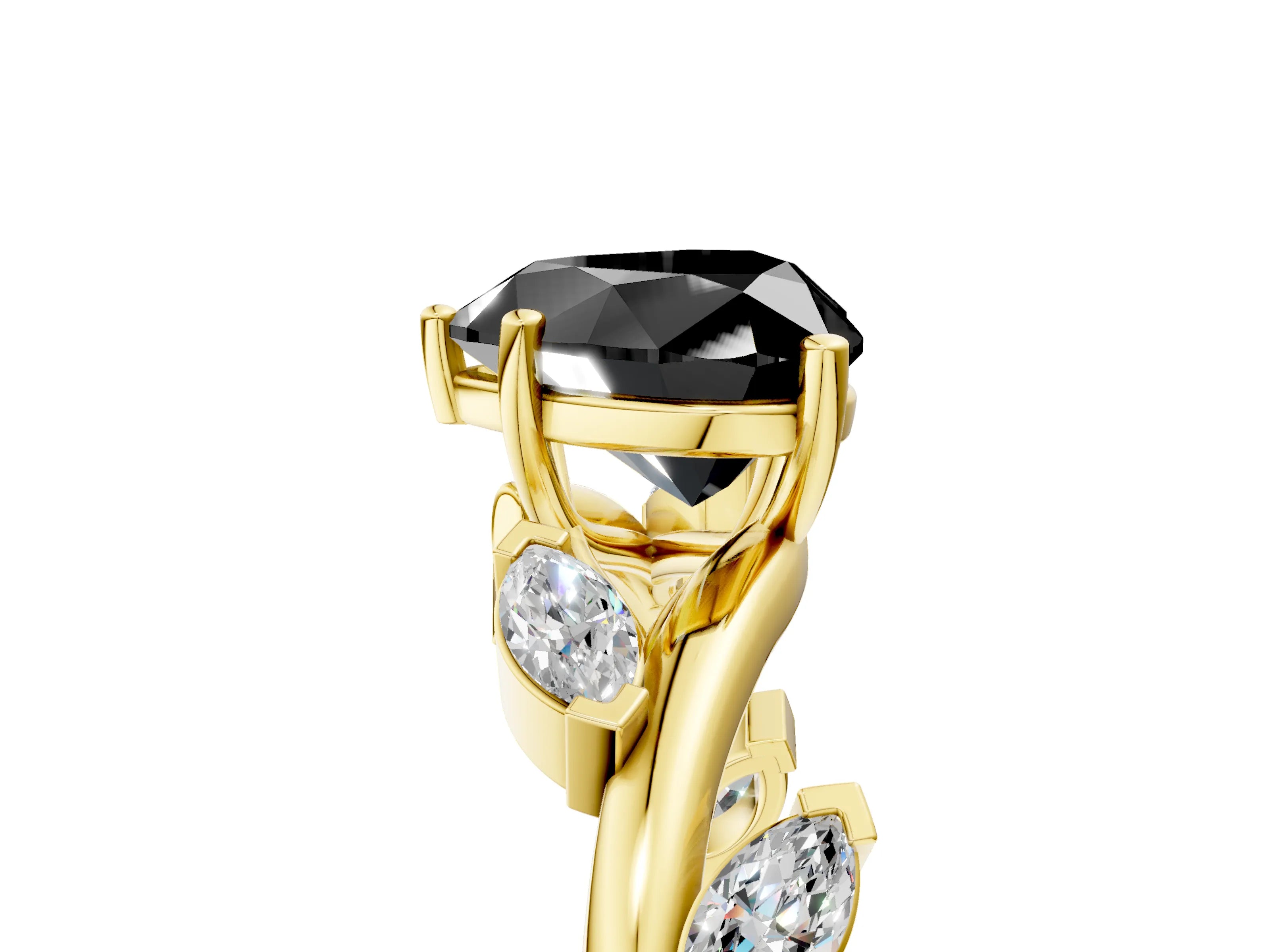 Yellow gold Fancy Black Heart Cut Solitaire Twisted Band Marquise Accent Prong Setting Ring_5