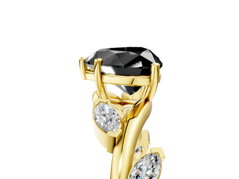 Yellow gold Fancy Black Heart Cut Solitaire Twisted Band Marquise Accent Prong Setting Ring_5