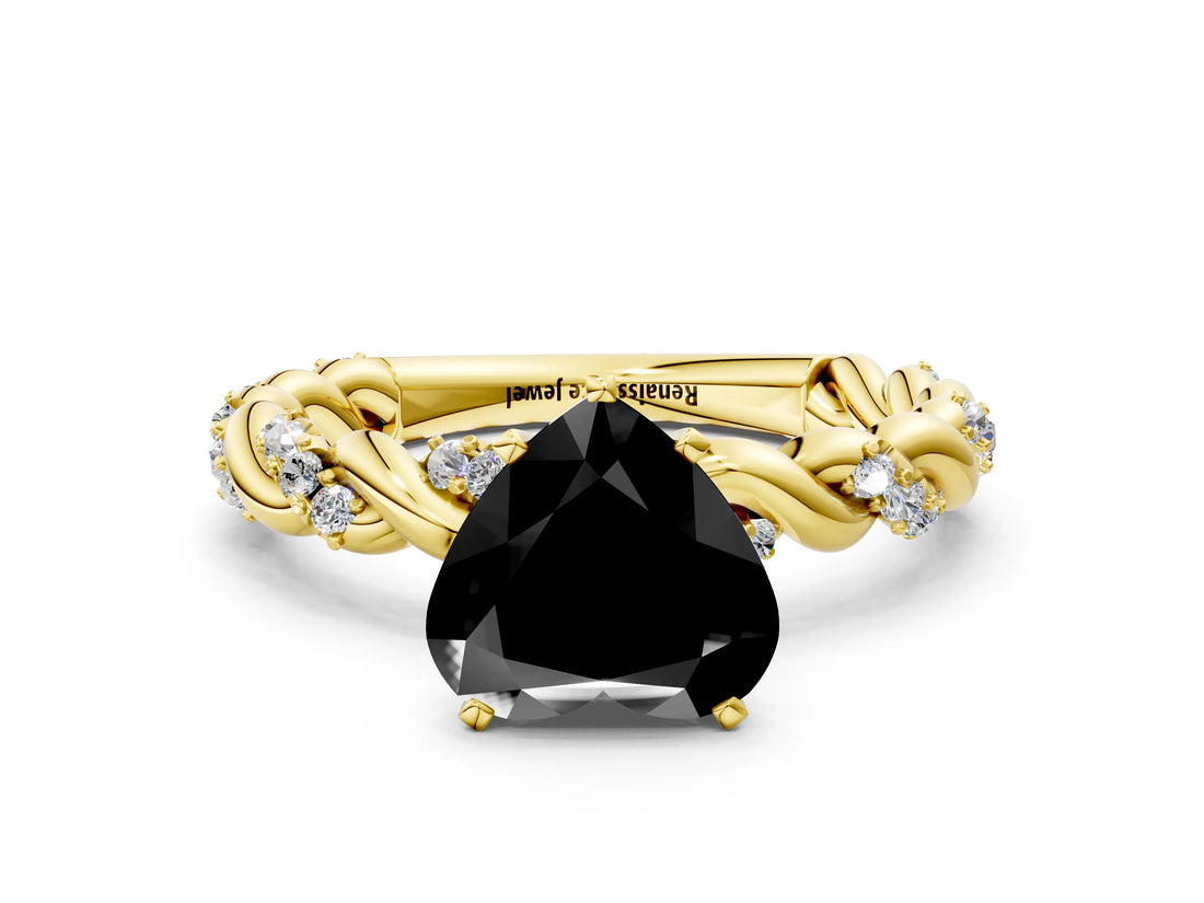 Yellow gold Fancy Black Heart Cut Solitaire Twisted Band with Pavé Accents and Four-Prong Setting