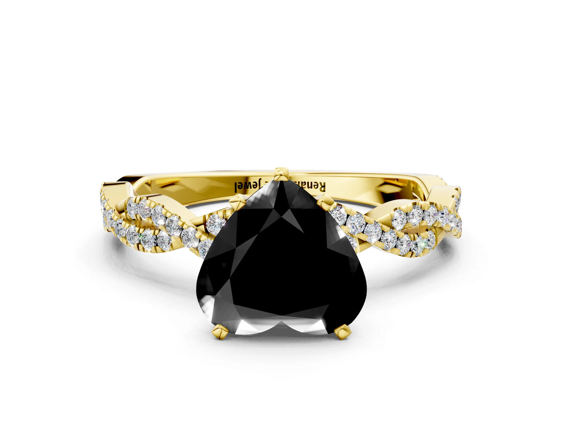 Yellow gold Fancy Black Heart Cut Solitaire Twisted Pave Band with Four-Prong Setting_3