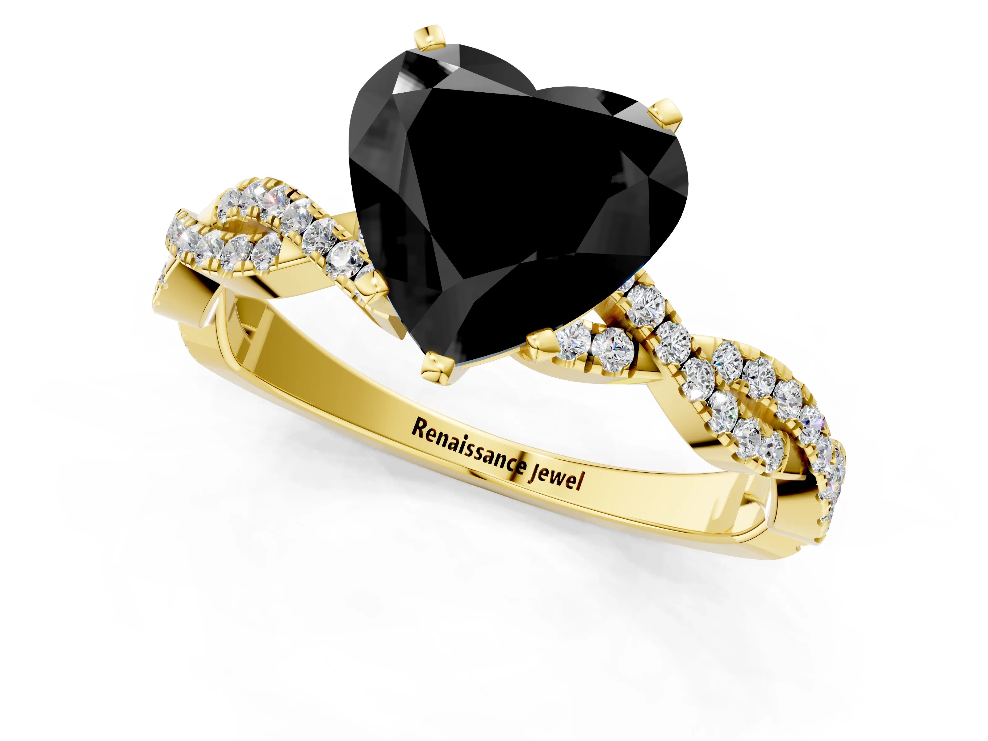 Yellow gold Fancy Black Heart Cut Solitaire Twisted Pave Band with Four-Prong Setting_4