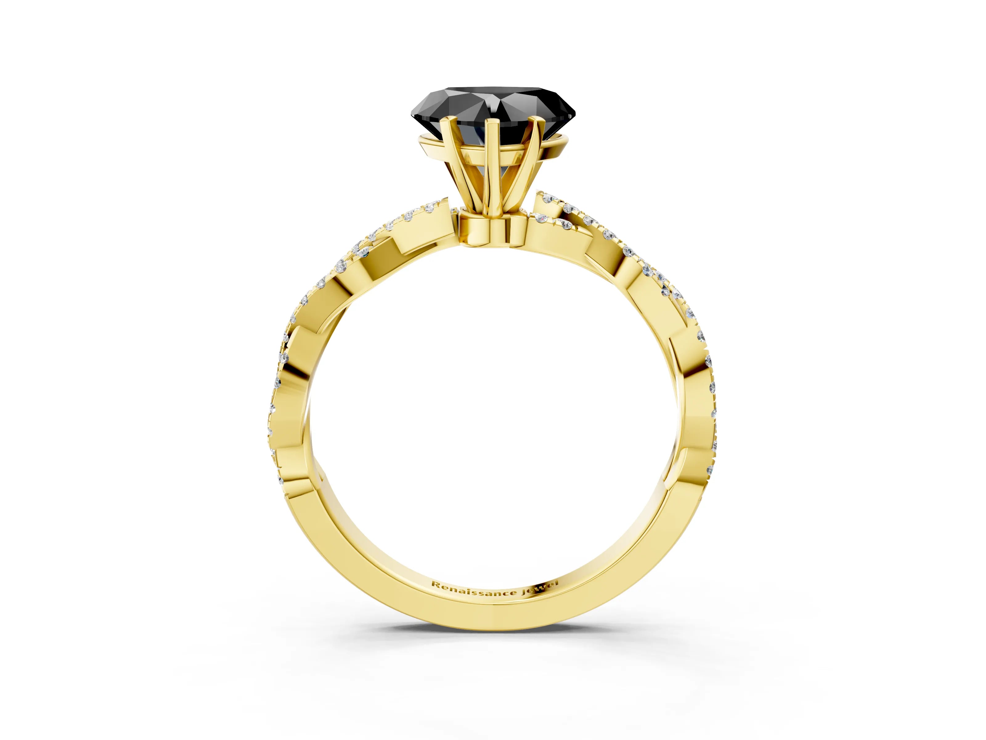 Yellow gold Fancy Black Heart Cut Solitaire Twisted Pave Band with Four-Prong Setting_6