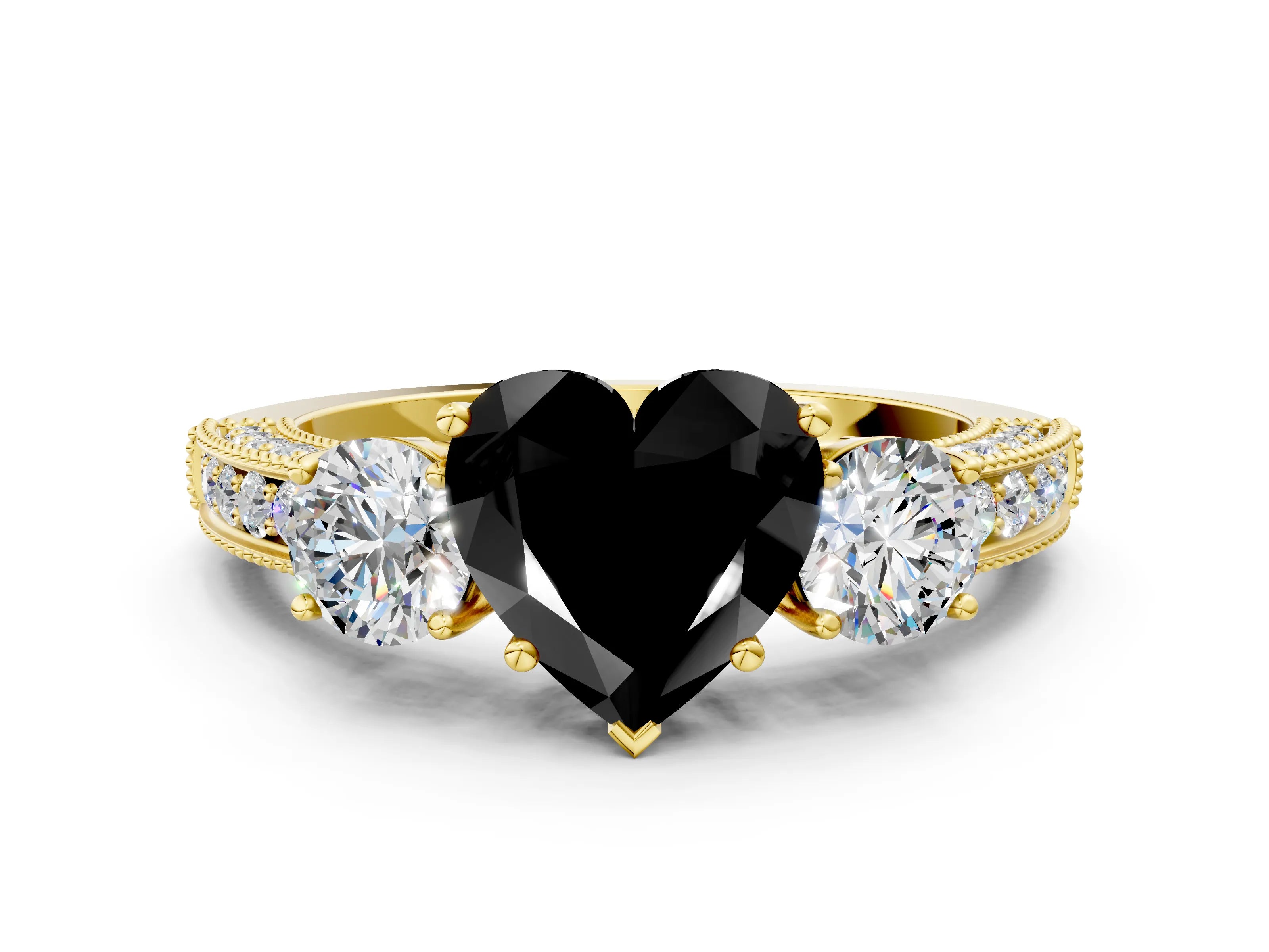 Yellow gold Fancy Black Heart Cut Three-Stone Diamond Ring with Pavé Band and Four-Prong Setting
