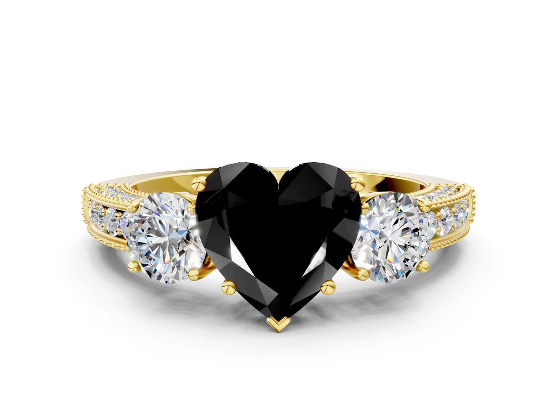 Yellow gold Fancy Black Heart Cut Three-Stone Diamond Ring with Pavé Band and Four-Prong Setting