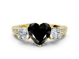 Yellow gold Fancy Black Heart Cut Three-Stone Diamond Ring with Pavé Band and Four-Prong Setting