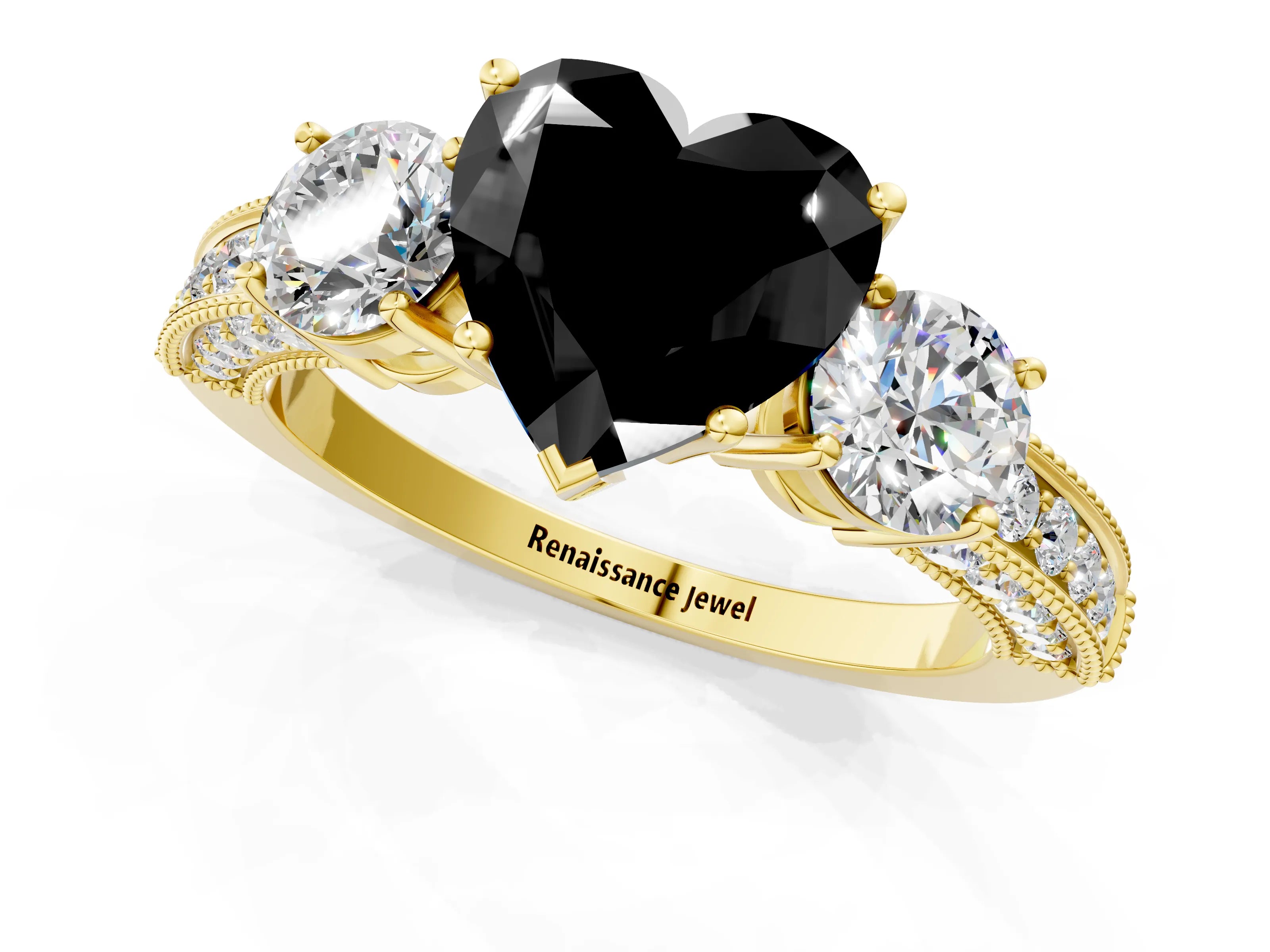 Yellow gold Fancy Black Heart Cut Three-Stone Diamond Ring with Pavé Band and Four-Prong Setting_1