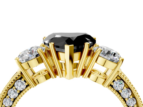 Yellow gold Fancy Black Heart Cut Three-Stone Diamond Ring with Pavé Band and Four-Prong Setting_4