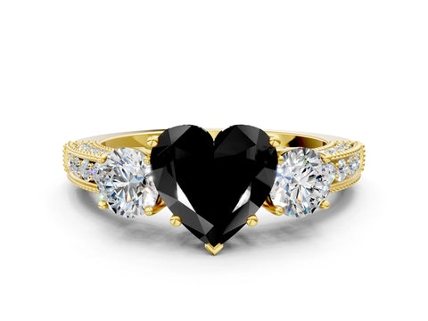 Yellow gold Fancy Black Heart Cut Three-Stone Diamond Ring with Pavé Band and Four-Prong Setting