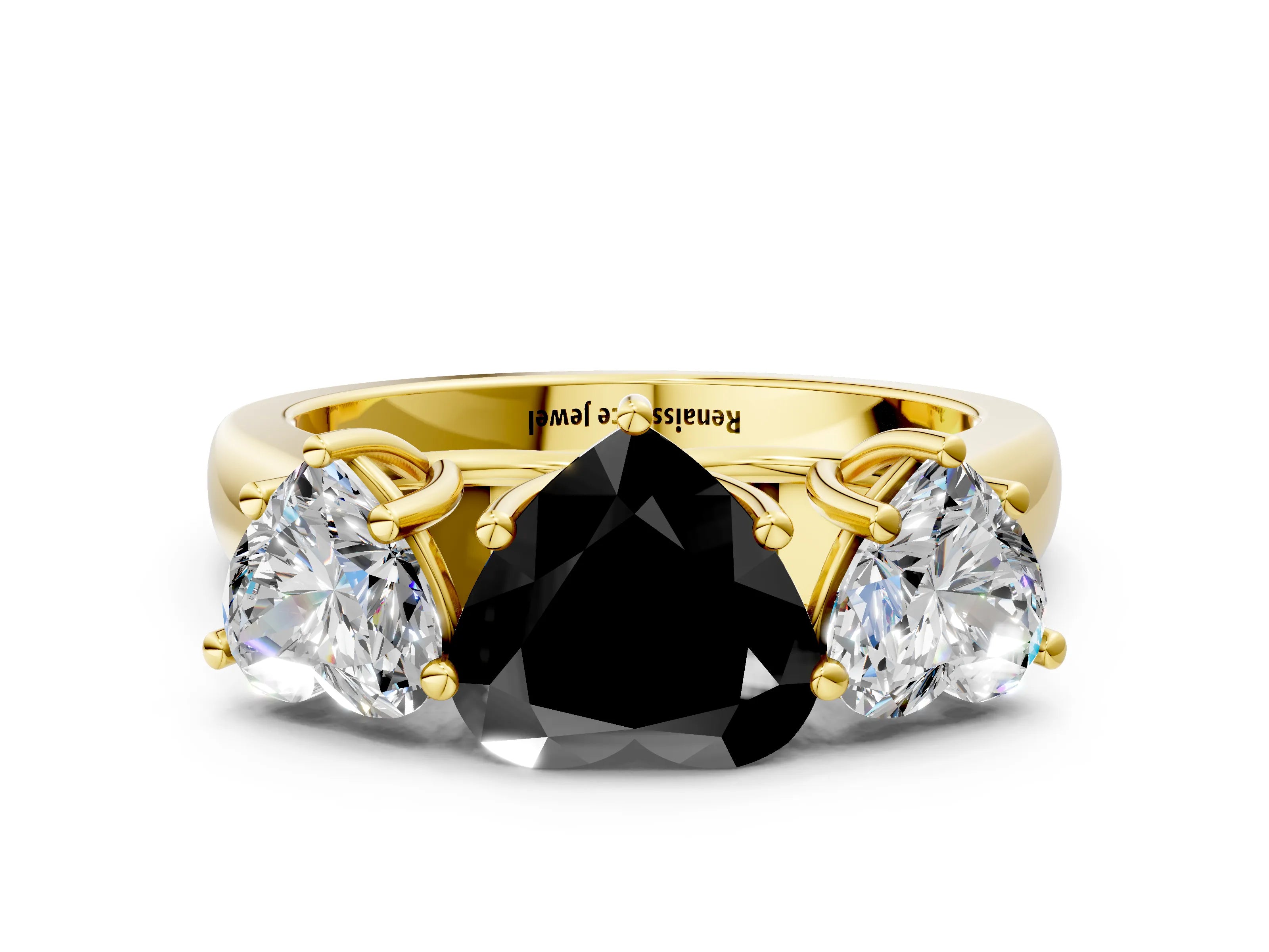 Yellow gold Fancy Black Heart Cut Three-Stone Diamond Ring with Prong Setting on a Classic Band