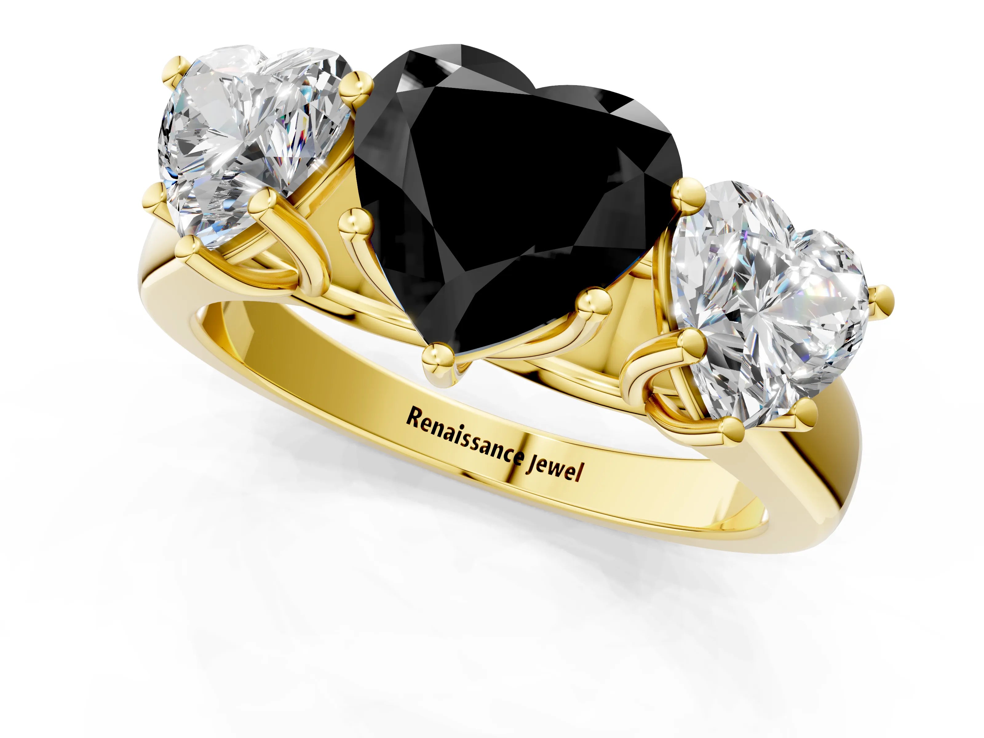 Yellow gold Fancy Black Heart Cut Three-Stone Diamond Ring with Prong Setting on a Classic Band_1