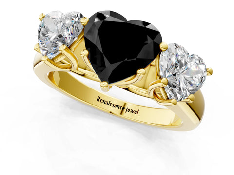 Yellow gold Fancy Black Heart Cut Three-Stone Diamond Ring with Prong Setting on a Classic Band_1