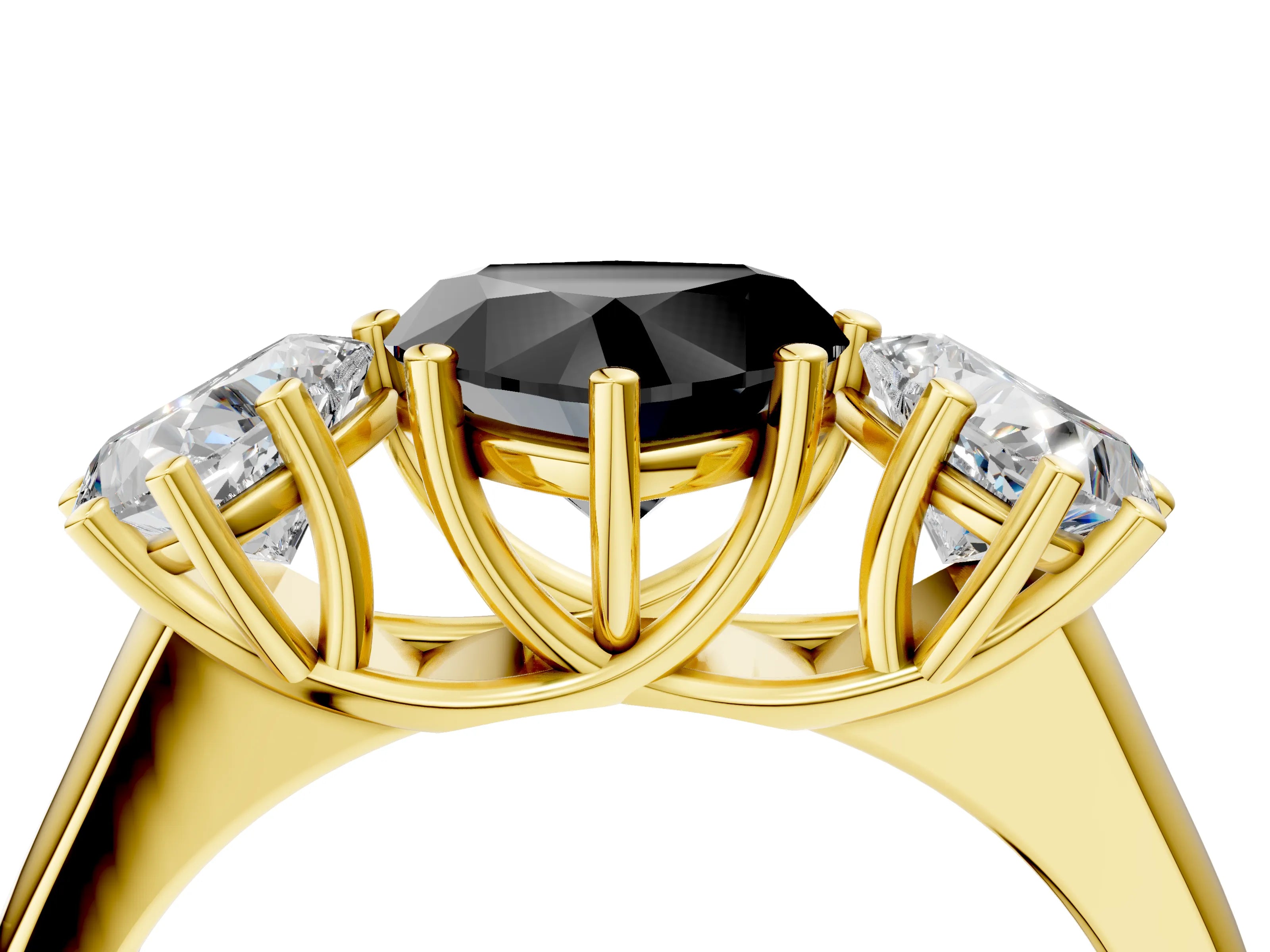 Yellow gold Fancy Black Heart Cut Three-Stone Diamond Ring with Prong Setting on a Classic Band_4