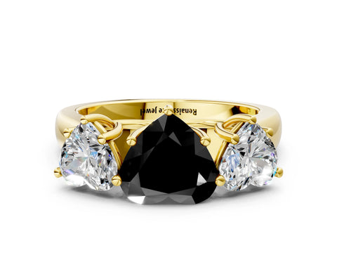 Yellow gold Fancy Black Heart Cut Three-Stone Diamond Ring with Prong Setting on a Classic Band