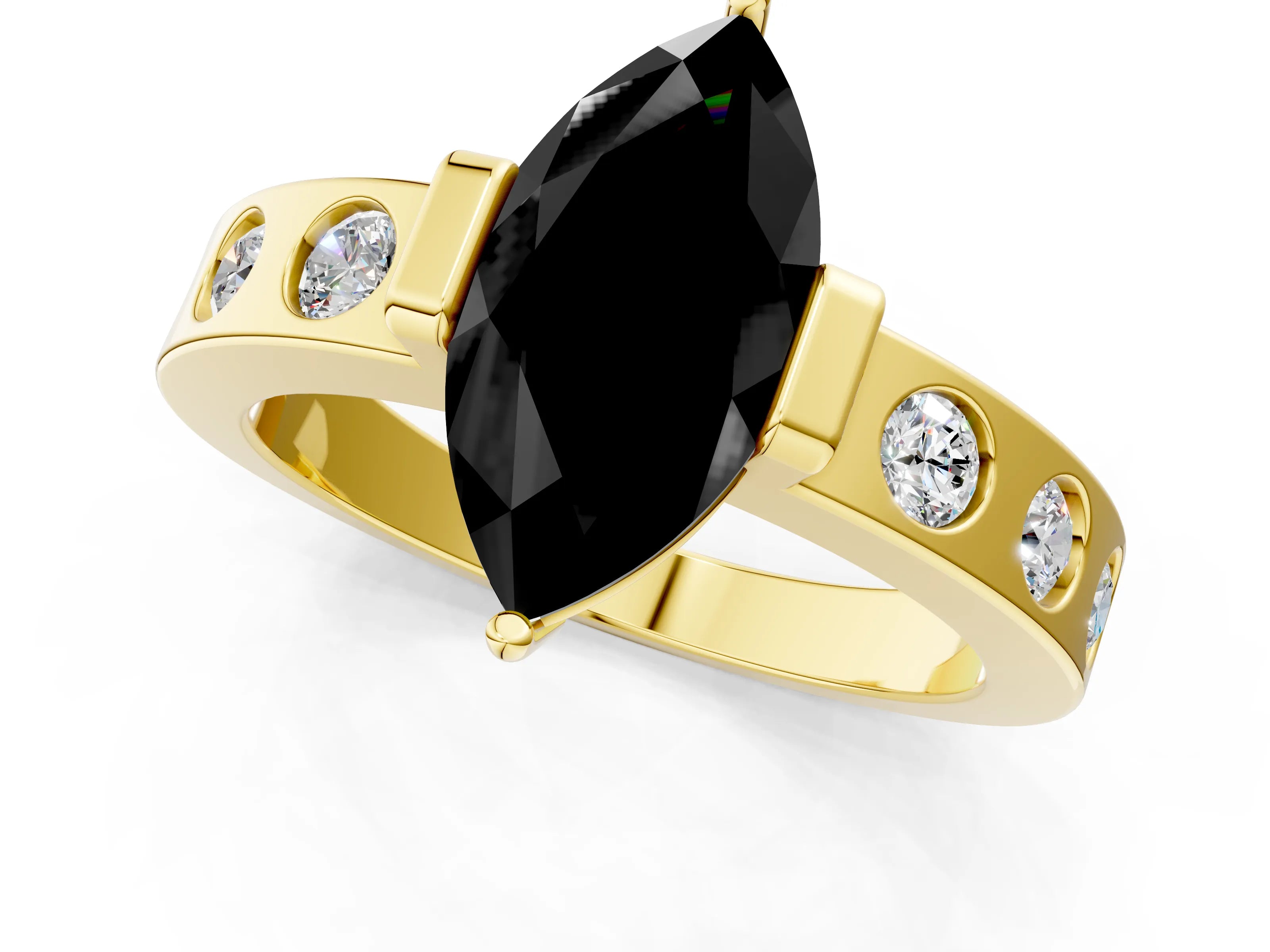 Yellow gold Fancy Black Marquise Cut Brilliant Channel-Set Diamond Ring with Bezel Prong Setting_1