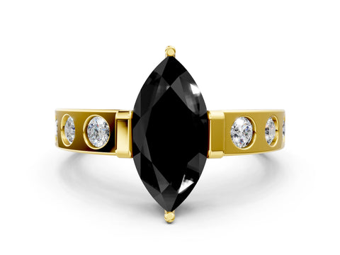 Yellow gold Fancy Black Marquise Cut Brilliant Channel-Set Diamond Ring with Bezel Prong Setting