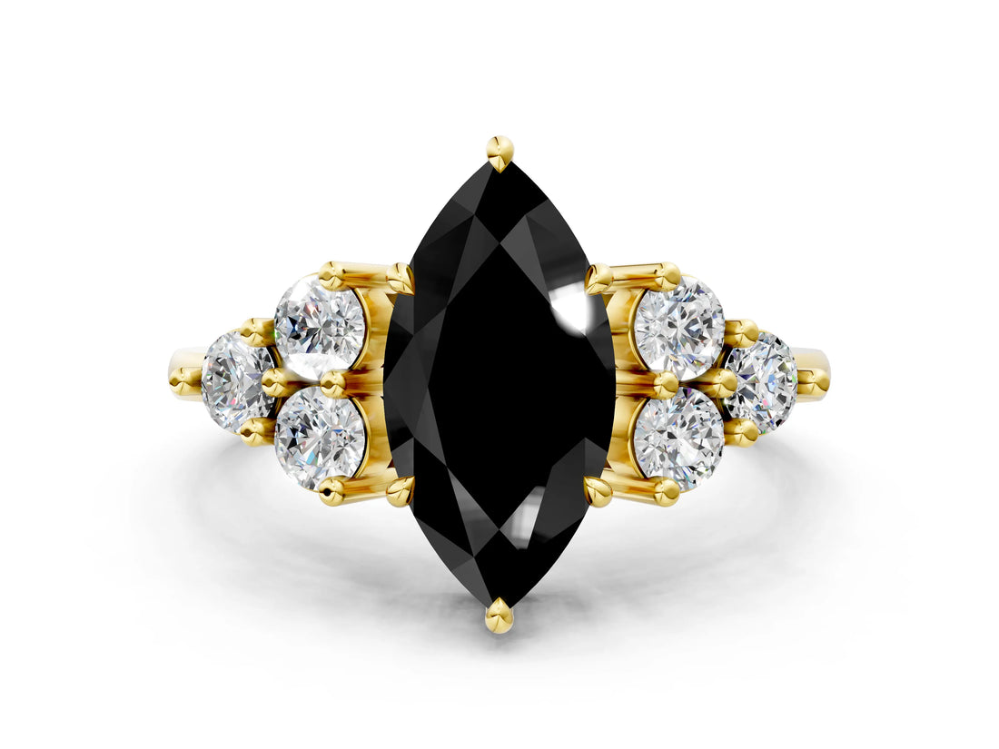 Yellow gold Fancy Black Marquise Cut Brilliant Diamond Cluster Accent Solitaire Ring with Prong Setting
