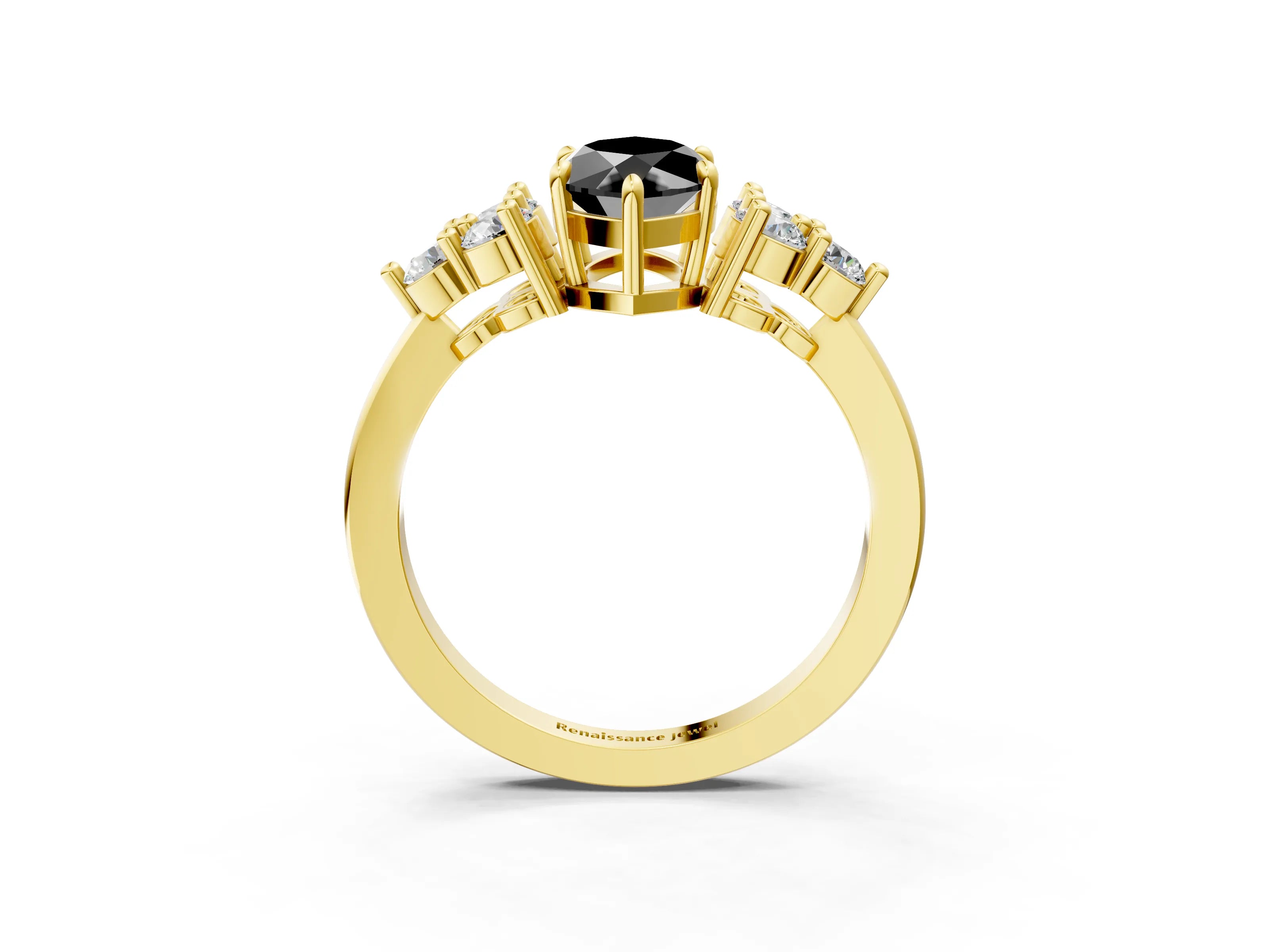 Yellow gold Fancy Black Marquise Cut Brilliant Diamond Cluster Accent Solitaire Ring with Prong Setting_3