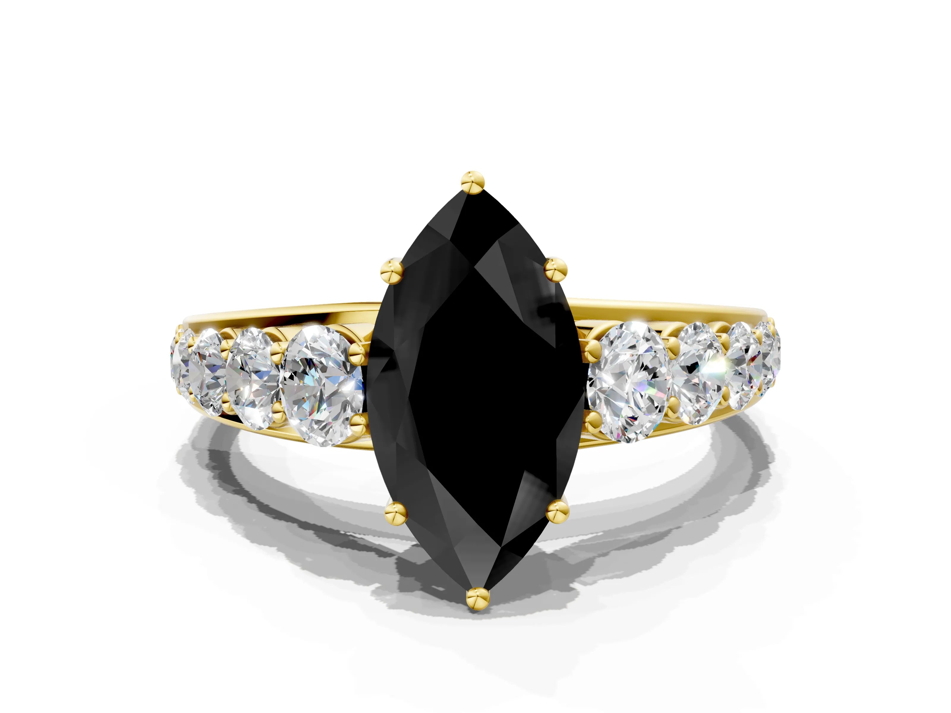 Yellow gold Fancy Black Marquise Cut Brilliant Diamond Pavé Band with Six-Prong Setting