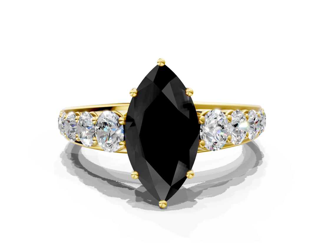 Yellow gold Fancy Black Marquise Cut Brilliant Diamond Pavé Band with Six-Prong Setting