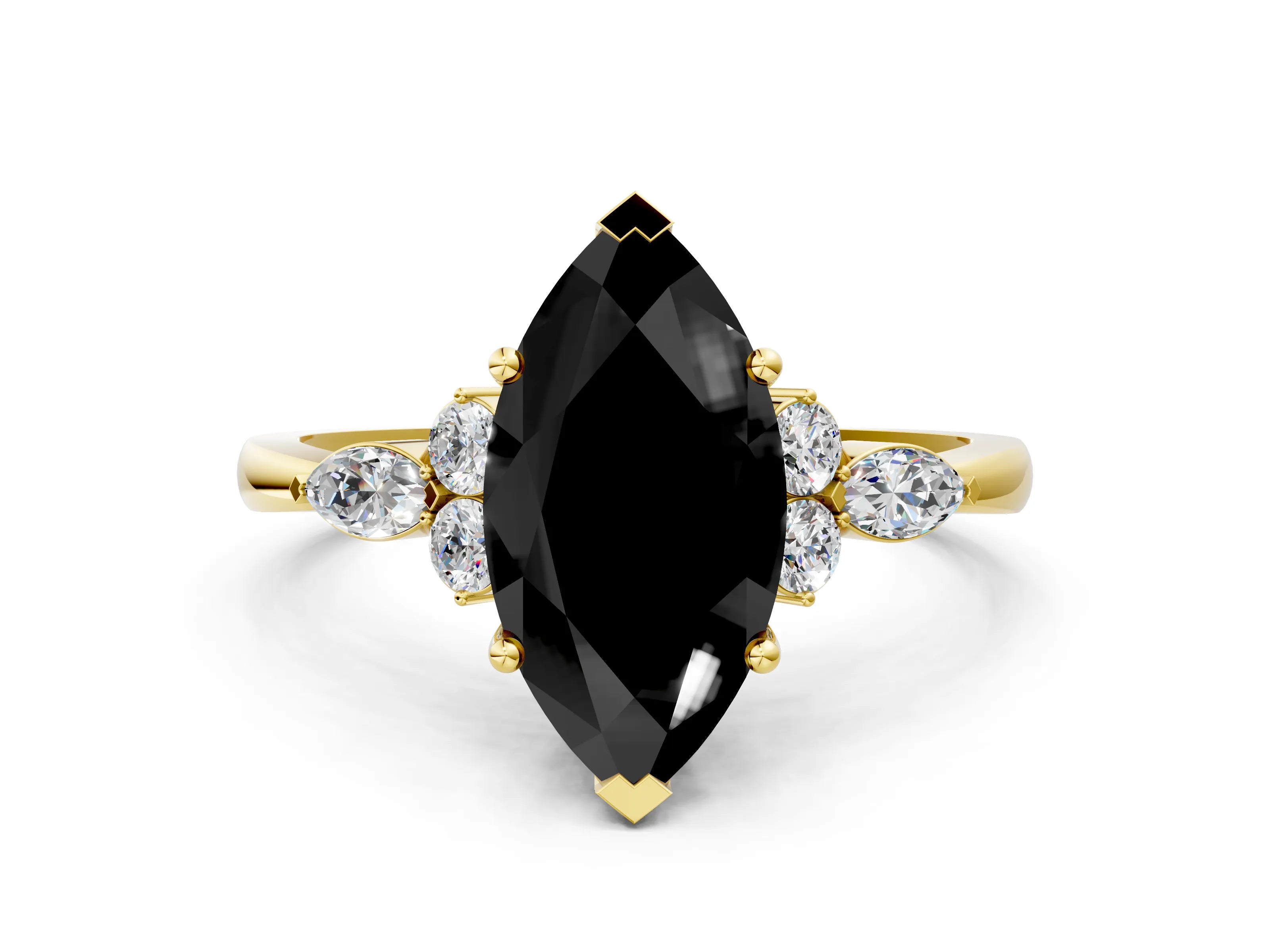 Yellow gold Fancy Black Marquise Cut Brilliant Diamond Solitaire Ring with Pear Side Stones and Four-Prong Setting_3