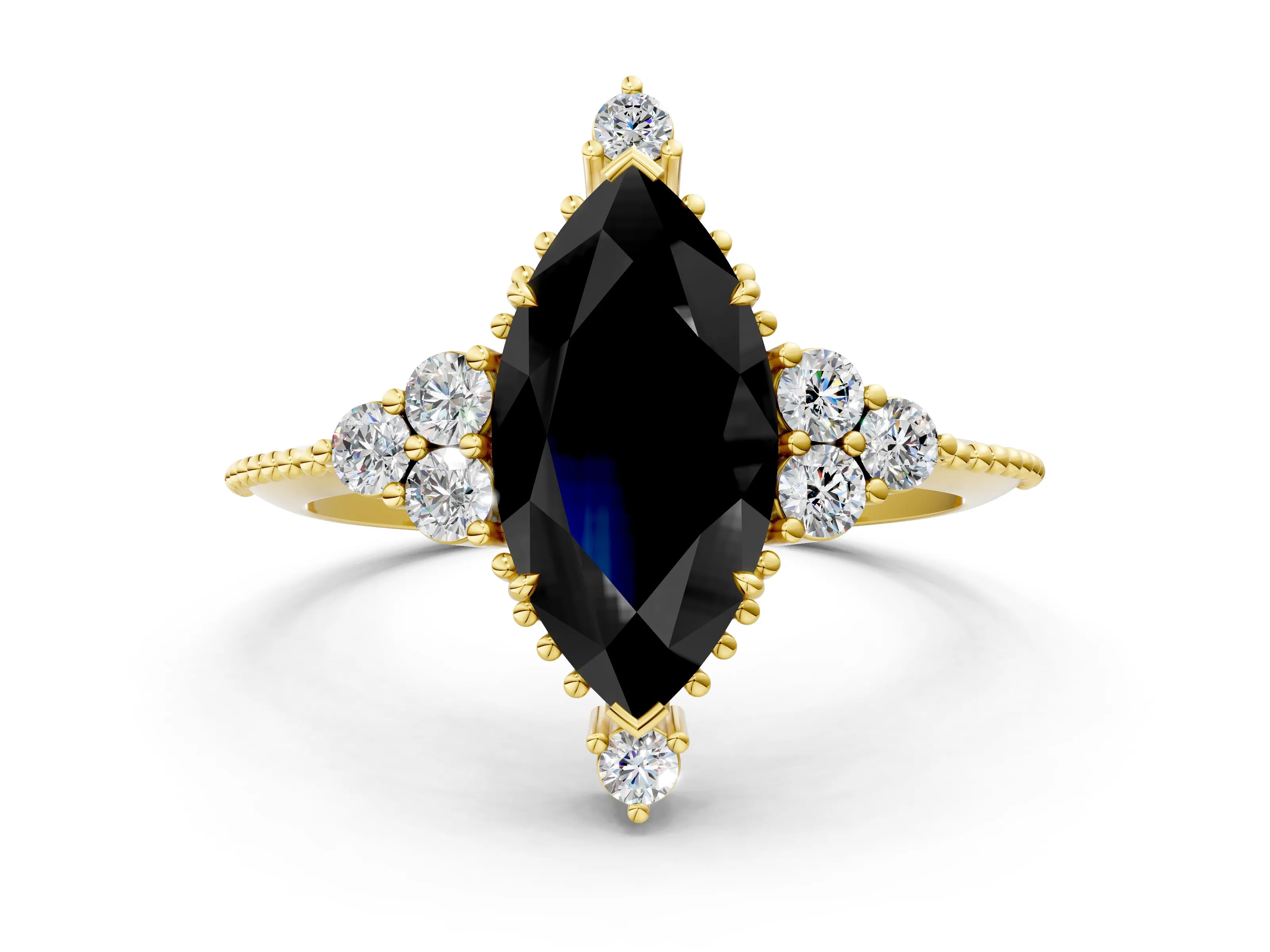 Yellow gold Fancy Black Marquise Cut Brilliant Diamond with Cluster Setting on a Beaded Band and Four-Prong Setting