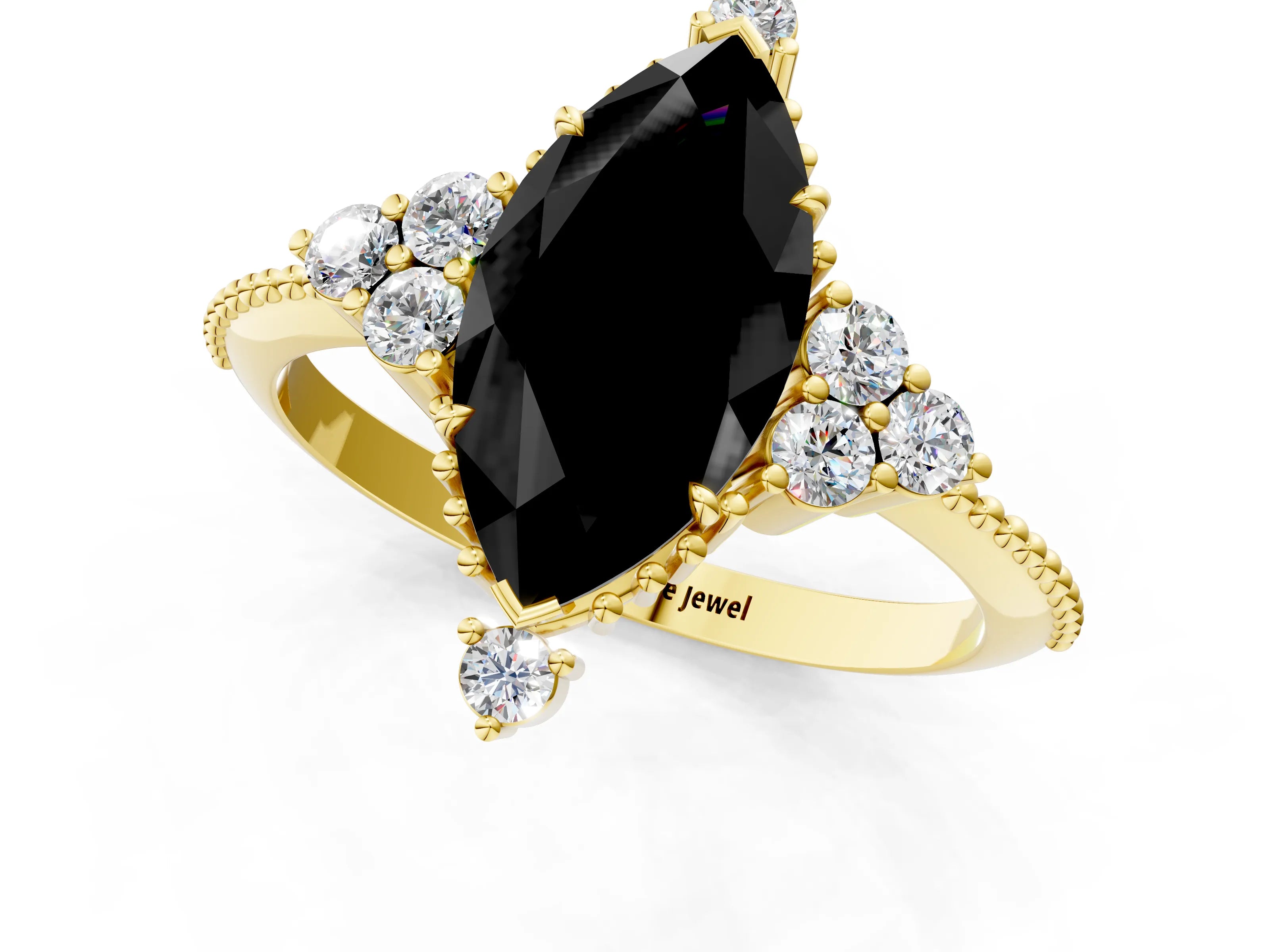Yellow gold Fancy Black Marquise Cut Brilliant Diamond with Cluster Setting on a Beaded Band and Four-Prong Setting_1