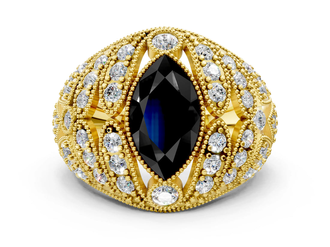 Yellow gold Fancy Black Marquise Cut Brilliant Halo Pave Diamond Milgrain Ring