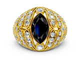 Yellow gold Fancy Black Marquise Cut Brilliant Halo Pave Diamond Milgrain Ring