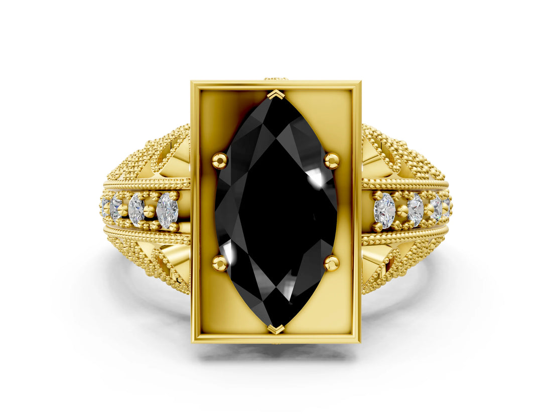 Yellow gold Fancy Black Marquise Cut Brilliant Milgrain Filigree Diamond Ring with Square Prong Setting_12