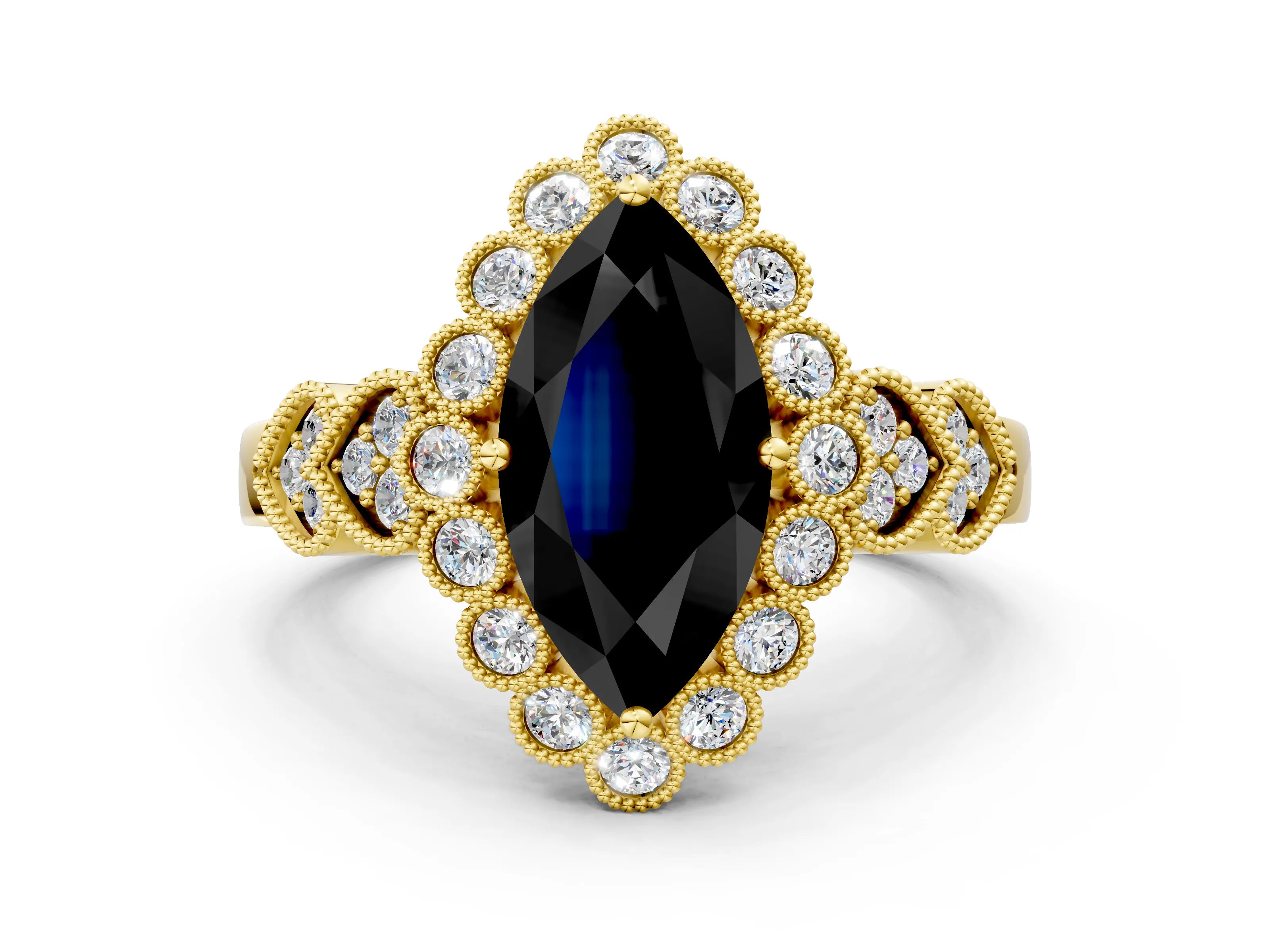 Yellow gold Fancy Black Marquise Cut Brilliant Milgrain Pave Heart Band Solitaire Ring