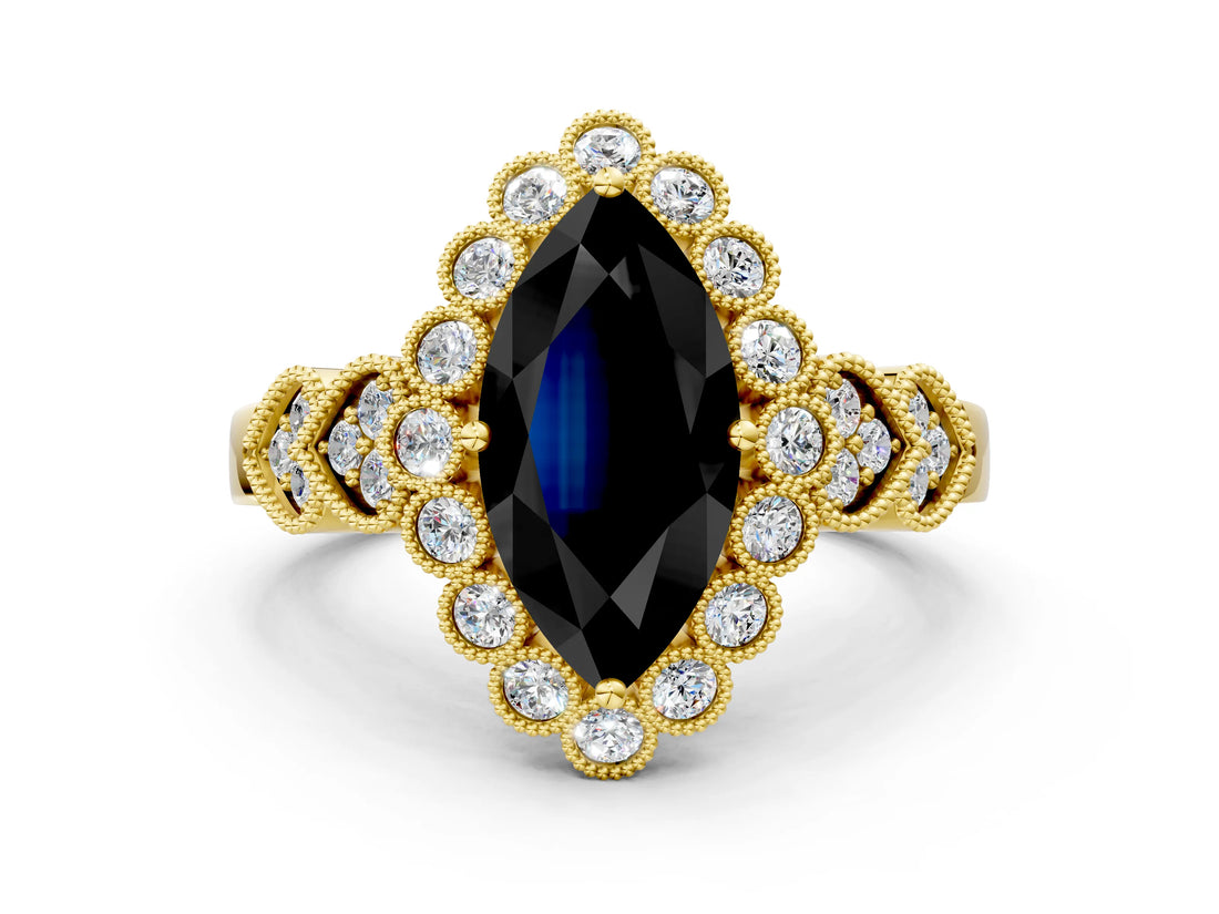 Yellow gold Fancy Black Marquise Cut Brilliant Milgrain Pave Heart Band Solitaire Ring