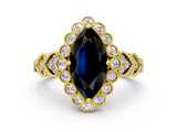 Yellow gold Fancy Black Marquise Cut Brilliant Milgrain Pave Heart Band Solitaire Ring