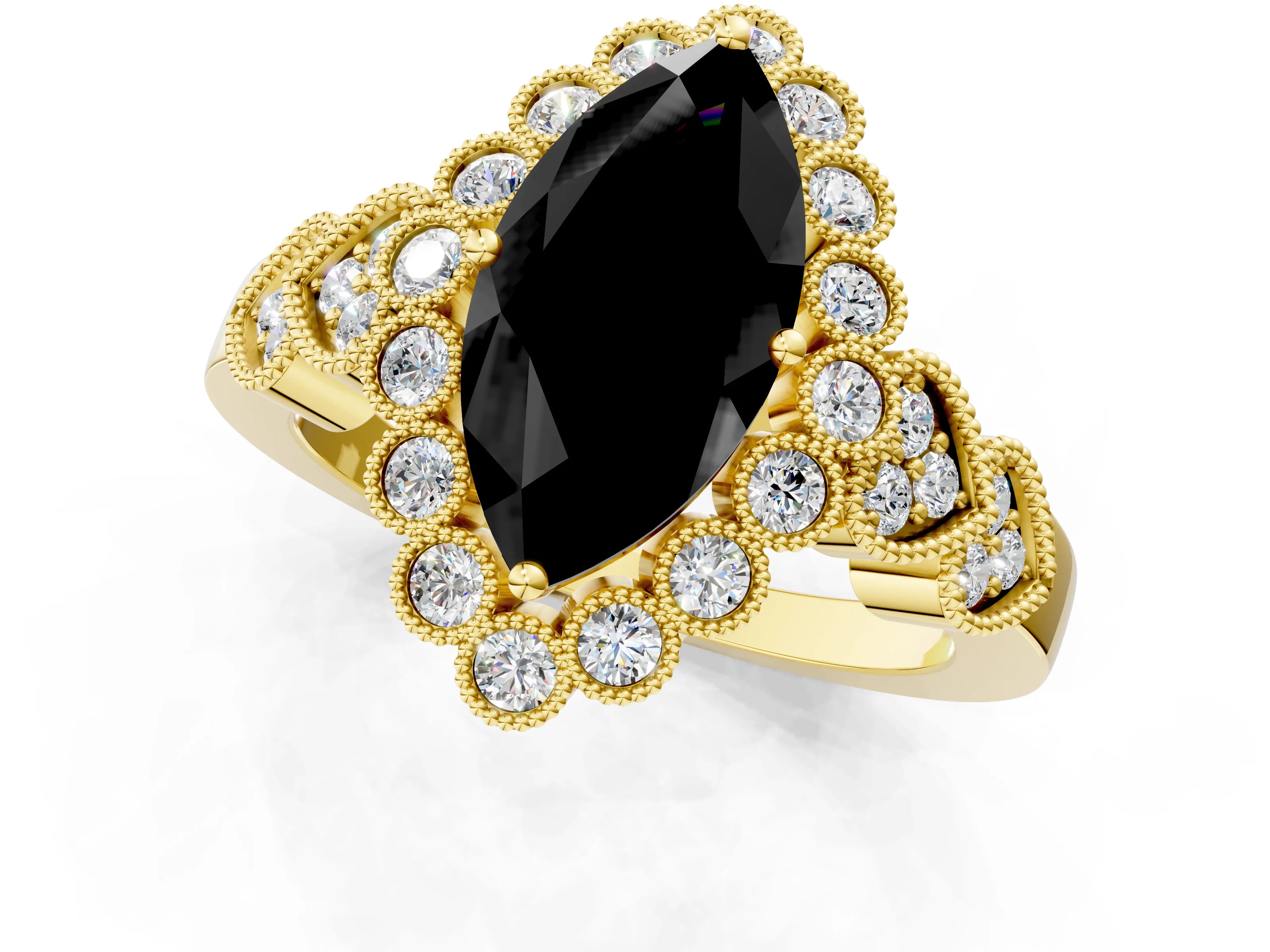 Yellow gold Fancy Black Marquise Cut Brilliant Milgrain Pave Heart Band Solitaire Ring_1