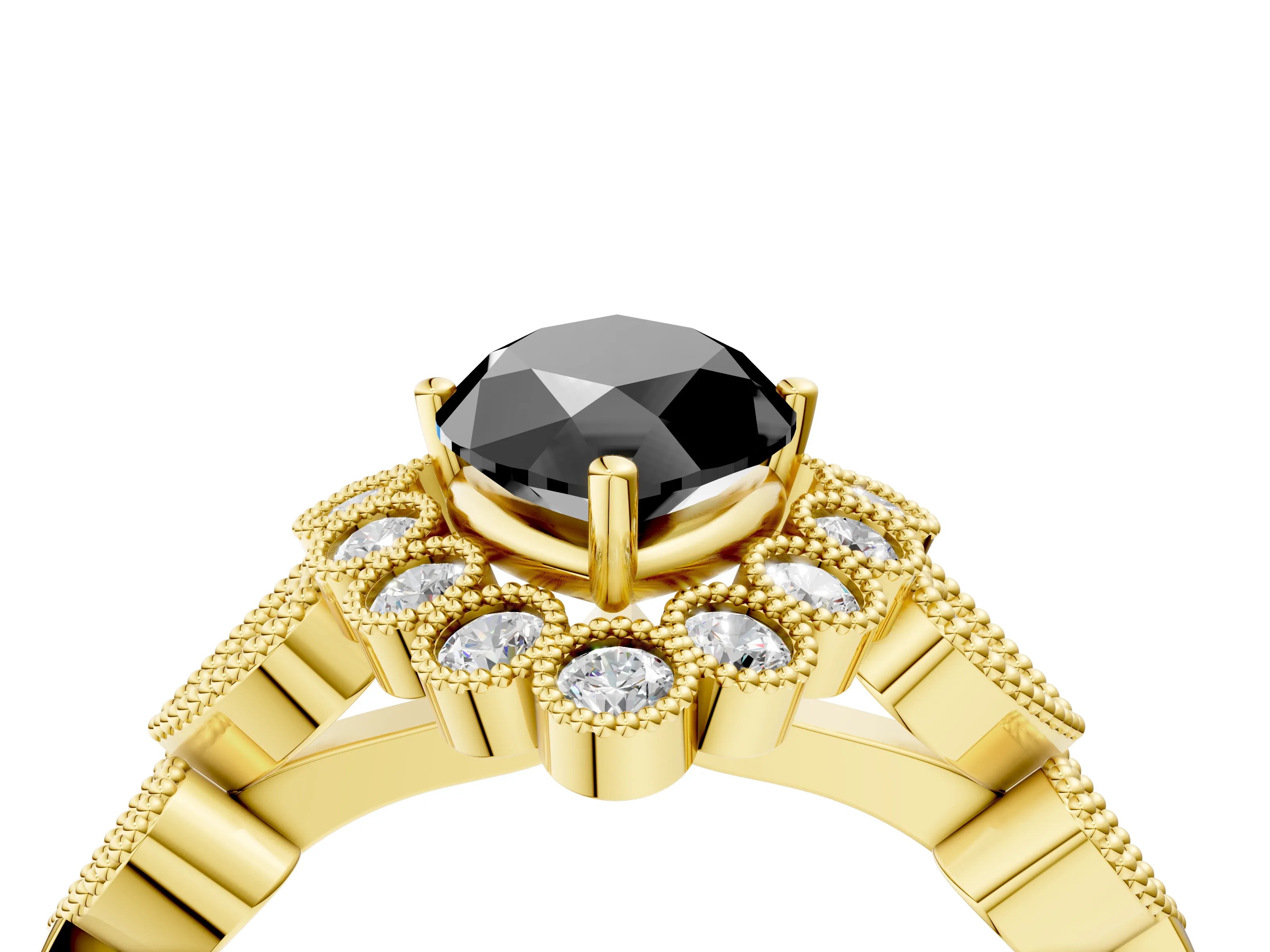 Yellow gold Fancy Black Marquise Cut Brilliant Milgrain Pave Heart Band Solitaire Ring_4