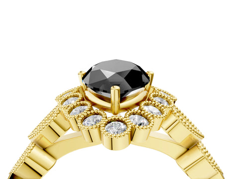 Yellow gold Fancy Black Marquise Cut Brilliant Milgrain Pave Heart Band Solitaire Ring_4