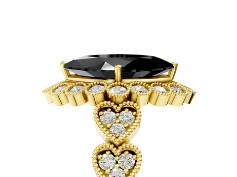 Yellow gold Fancy Black Marquise Cut Brilliant Milgrain Pave Heart Band Solitaire Ring_5