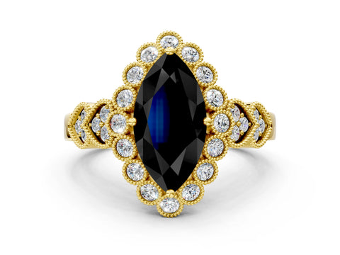 Yellow gold Fancy Black Marquise Cut Brilliant Milgrain Pave Heart Band Solitaire Ring