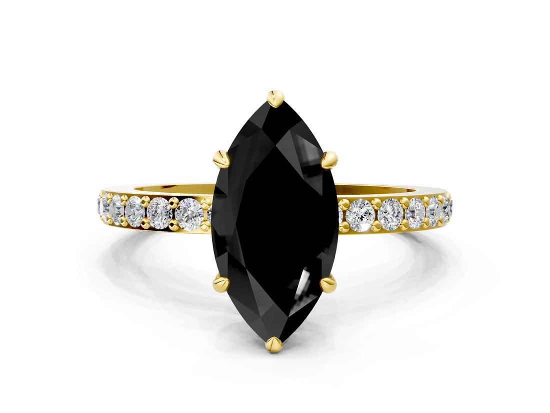 Yellow gold Fancy Black Marquise Cut Brilliant Pavé Band Solitaire with Four-Prong Setting