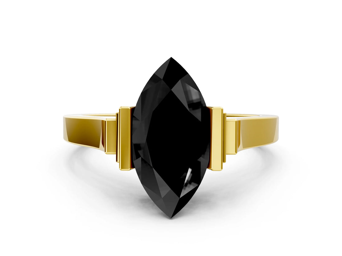 Yellow gold Fancy Black Marquise Cut Brilliant Solitaire Diamond Ring with Channel Set Band and Bar Prong Setting_12