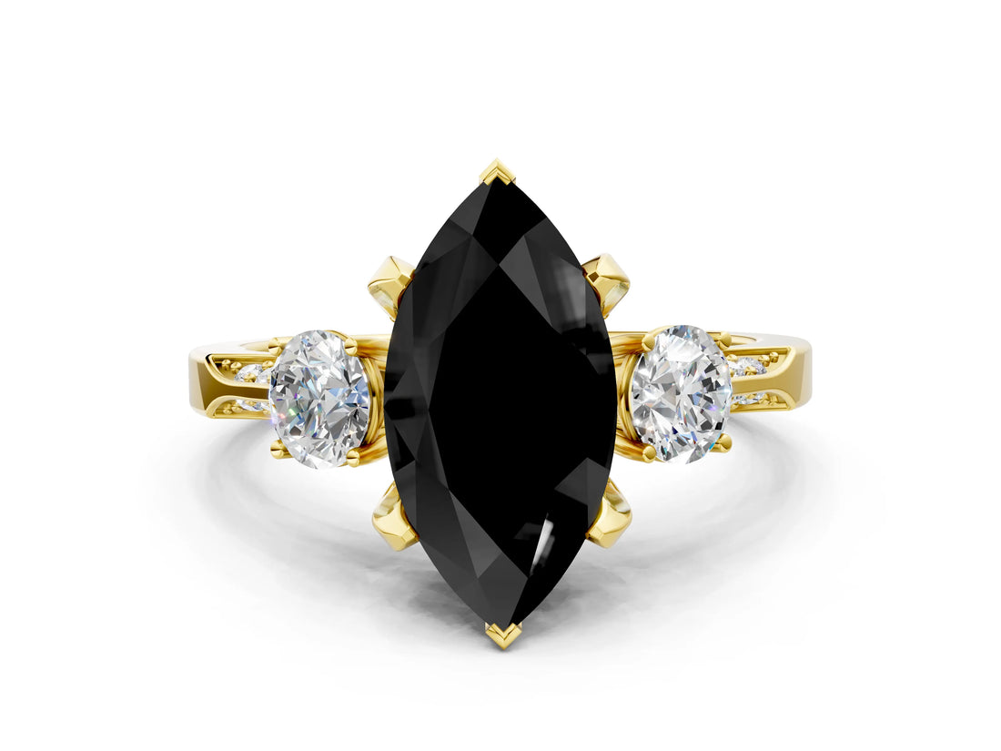 Yellow gold Fancy Black Marquise Cut Brilliant Three-Stone Diamond Ring with Pavé Band and Four-Prong Setting_3