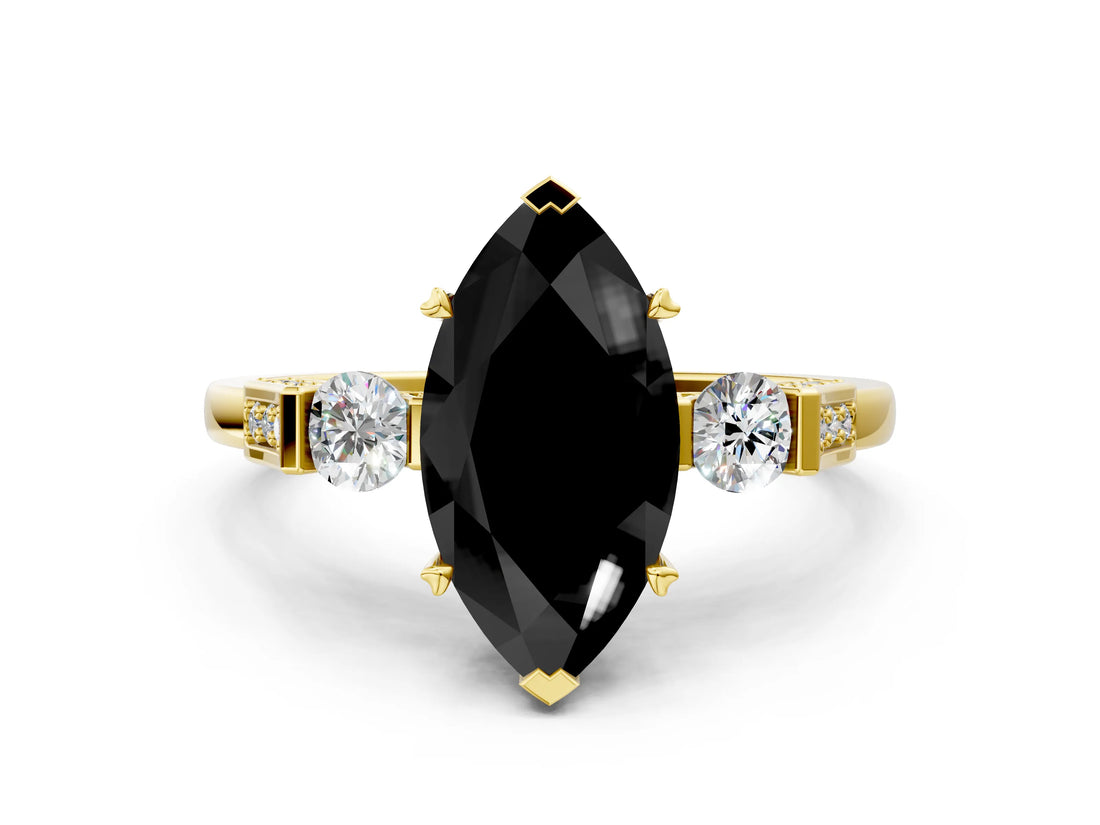 Yellow gold Fancy Black Marquise Cut Brilliant Three-Stone Pave Band with Four-Prong Setting