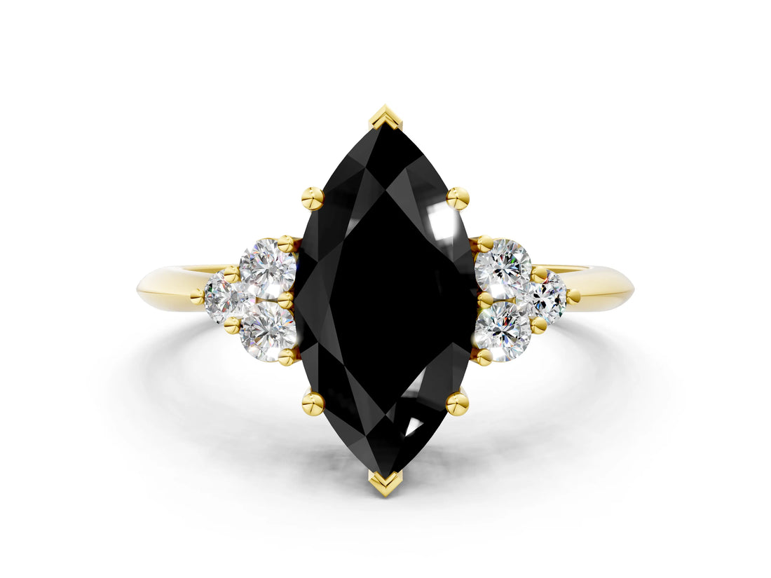 Yellow gold Fancy Black Marquise Cut Cut Diamond Cluster Ring with Solitaire Band and Four-Prong Setting_12