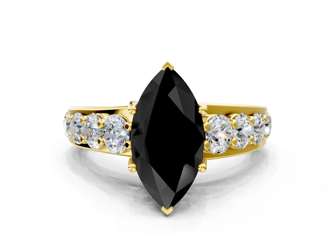 Yellow gold Fancy Black Marquise Cut Cut Diamond Engagement Ring with Pavé Band and Four-Prong Setting