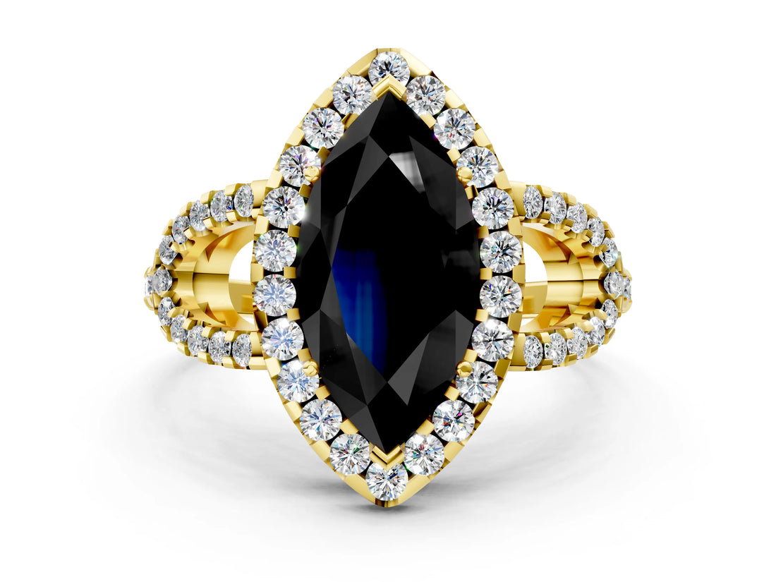 Yellow gold Fancy Black Marquise Cut Cut Diamond Halo Engagement Ring with Open Split Pavé Band