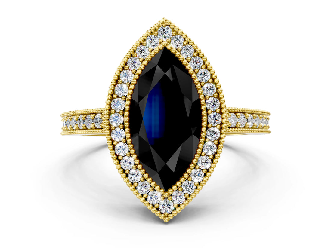 Yellow gold Fancy Black Marquise Cut-Cut Diamond Halo Engagement Ring with Pave Band and Prong Setting