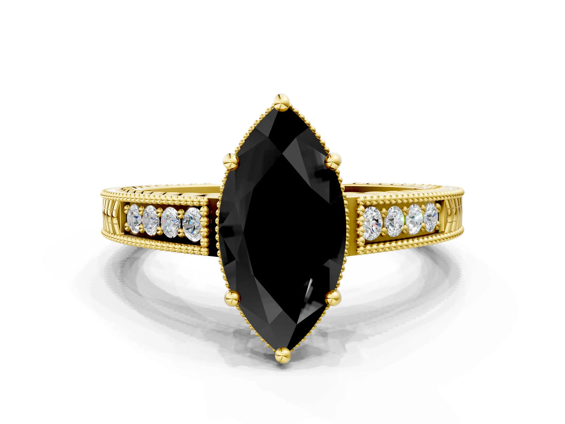 Yellow gold Fancy Black Marquise Cut Cut Diamond Milgrain Pave Band Four-Prong Setting Ring_3