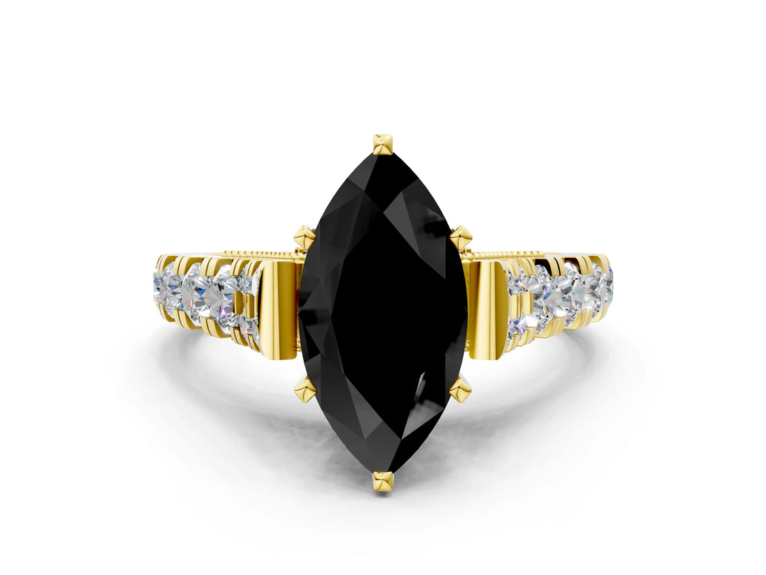 Yellow gold Fancy Black Marquise Cut Cut Diamond Pavé Band Solitaire with Four-Prong Setting