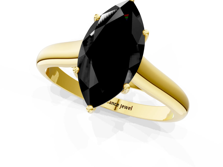 Yellow gold Fancy Black Marquise Cut Cut Diamond Solitaire Engagement Ring with Tapered Plain Band and Four-Prong Setting