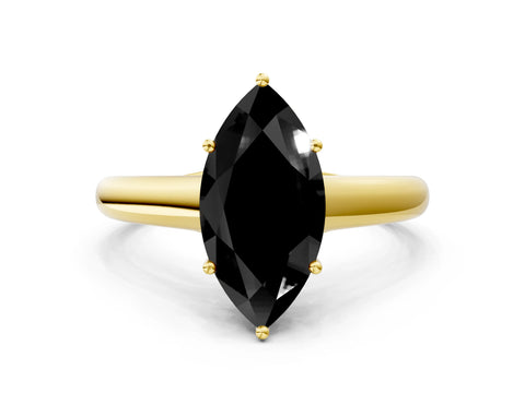 Yellow gold Fancy Black Marquise Cut Cut Diamond Solitaire Engagement Ring with Tapered Plain Band and Four-Prong Setting